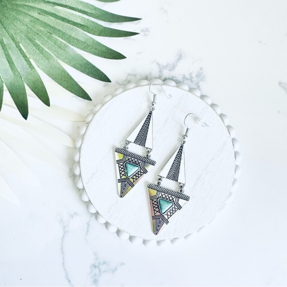 2/$30🌵 Southwestern Silver Geo Triangle Faux Turquoise Earrings Western Boho